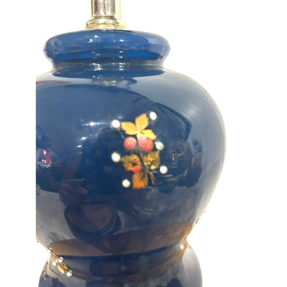 Vtg Blue Ceramic Handpainted Red Floral Decorative Table Accent Lamp Lighting - Picture 3 of 9